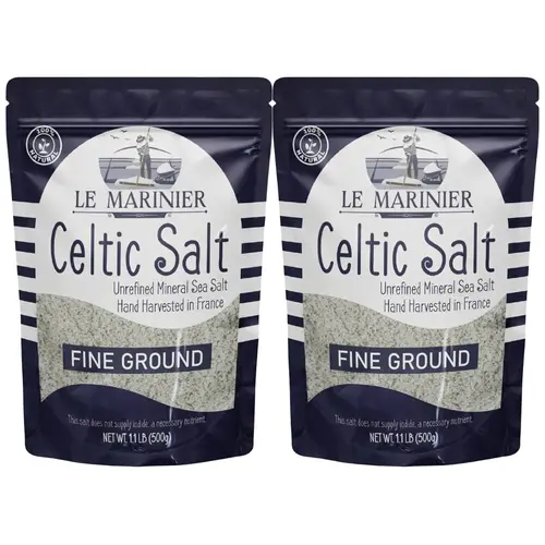 Le Marinier Celtic Salt Organic Fine Ground, 1.1lb - 18oz, Pack of 2. Mineral Rich Unrefined 100% Natural, Hand Harvested Mineral French Sea Salt (1.1lb Fine Ground - Pack of 2)