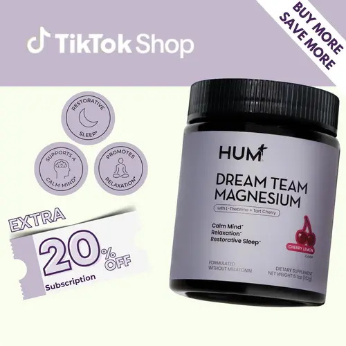Hum Magnesium Bisglycinate Dream Team for Restorative Sleep Relaxation with L-Theanine Tart Cherry Supplement Cherry Lemon Flavor 5.7 oz