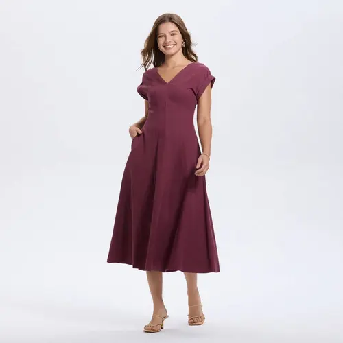 Women's Short Sleeve V-Neck Midi A-Line Dress - A