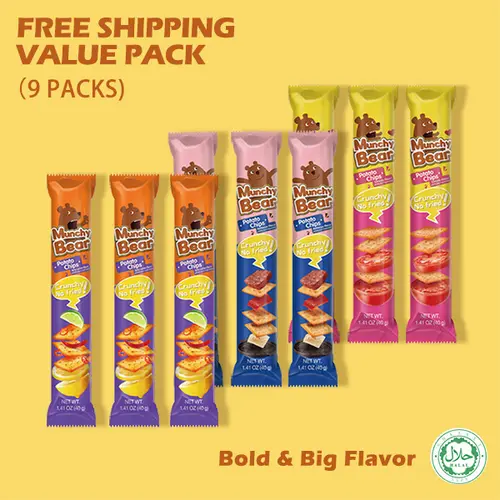 Munchy Bear Cracker Variety Pack - Bold & Big Flavors (Tomato, BBQ, Spicy Lemon) - Halal Certified Healthy Snacks, 9 Packs - 0 Trans Fats, No Aspartame - Snacks for Office Breaks, Gatherings spicy snacks