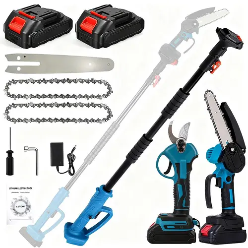 3-in-1 Cordless Pole Saw & Mini Chainsaw Kit with 2 Batteries, Garden Scissors, Extension Pole – Power Electric Chainsaw for Tree Trimming, Limb Branch Cutter, Chains