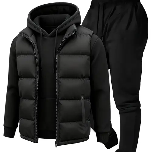 Men's 3-Piece Casual Vest Set - Long Sleeve Cartoon Drawstring Pocket Hoodie, Loose Fit Matching Jogger Pants, Athleisure Style Activewear Clothing (3-Pieces Simplifies Outfits), Three-Pieces Simplifies Outfits