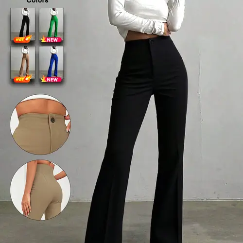 Women's High Waist Straight Leg Solid Basic Fit Pants, Casual Elegant Commuter Trousers, Perfect for Daily, Everyday, Office, Home, Dates, Small Parties, Womenswear