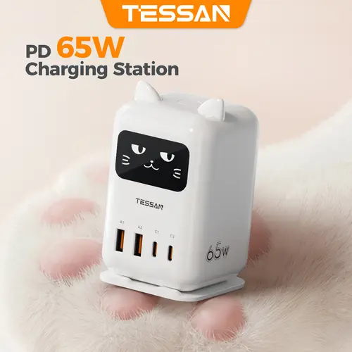 TESSAN Cute Charging Cat Design Charging Station, USB C Charger Block PD 65W, Desktop Tower Charger with 4 USB Ports for iPhone 17/16, MacBook, Tablet, Perfect for Sisters, Friends & Girlfriends! Birthdays