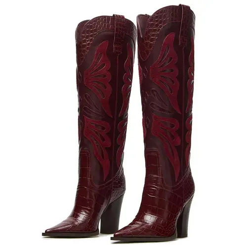 EROCALLI Women's Butterfly Embroidery Womens Cowboy Boots Vintage Chunky Heel Wide Knee High Boots Pointed Toe Pull on Western Shoes summerwins