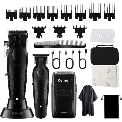 KEMEI Professional 3-in-1 Men's Grooming Kit - Cordless Hair Clipper, T-Blade Trimmer, Foil Shaver with USB Port, 11 Guide Combs, Adjustable Trimmer Head, Plastic ABS Build, Batteries for Home Haircuts, Face Grooming, Any Personal Care Needs