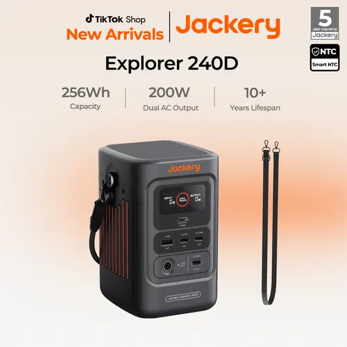 Jackery Explorer 240D Portable Power Station – Equipped with a 256Wh LiFePO4 battery, 200W DC output, and 1-hour fast charging (Free 5m Extension Cable). Compact and portable, suitable for camping, travel, and emergency backup power.