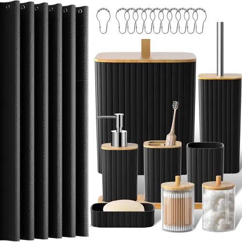 Black Bathroom Set with Shower Curtain, Trash Can, Toilet Brush Holder, Soap Dispenser, and More, Modern Bathroom Accessories