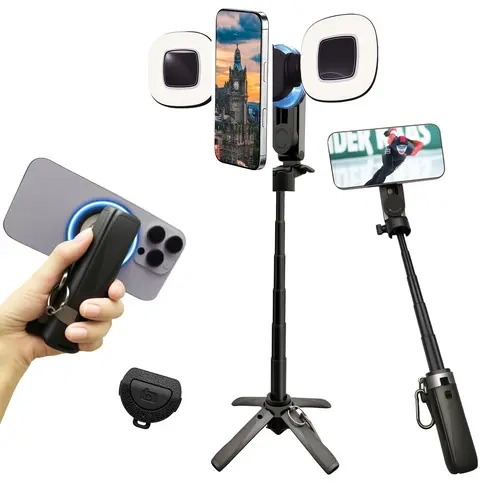 4-in-1 Bluetooth Selfie Stick with Wireless Remote Control - Compact Pocket-Size, Adjustable 360° Head Rotate, Magnetic Hold, Lanyard-Compatible, Portable Mount, Self-Timer Tripod for iPhone & Most Mobile Devices (Bluetooth Controlled Shooting)