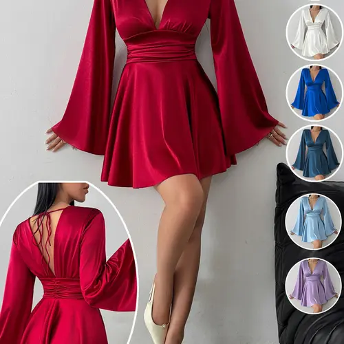 Autumn European Style Women's Dress, Sexy Backless V-Neck Fitted Short Skirt, Long Sleeve Plain Color, Perfect for Bar Parties and Vacations, Backless Cocktail Dress