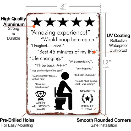 8×12 in Retro Playful Decorative Bathroom Tin Plaque - Pre-Holed Easy-Hanging, Adult Holiday Home Decor Gag Gift