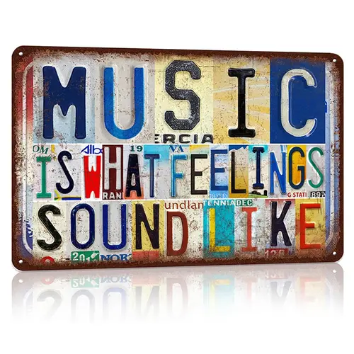 Vintage Tin Decorative Wall Plaque - Inspirational Quote "Music Is What Feelings Sound Like", Home Decor Products, Living Room Cool Stuff for Room, Gift Idea