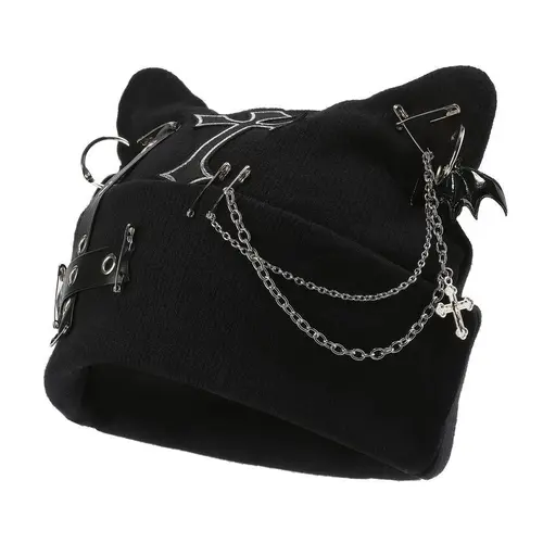 Women’s Gothic Cat Ear Beanie with Punk Chain & Bat Charm, Y2K Grunge Winter Cap, Adjustable, Machine Washable, Black Streetwear Accessory backtoschool, Head Cover, Stylish Hat