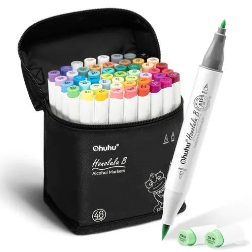 Ohuhu Alcohol Markers - 48-Color Honolulu B Series Dual-Tip Pens, Brush & Fine Tips, Refillable AP-Certified Coloring Supplies, Assorted Colorful Brush Marker Drawing & Painting Kit for Artists