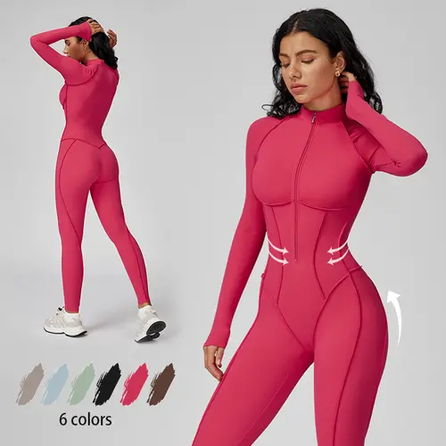 Women's Bodycon Cut Full Sleeve Workout Jumpsuit - Contour Seam, Tummy Control Abdominal Zip-Up, Padded, Full-Length Shapewear, Edge Seams, Sleek Lines, Full Coverage, Workout Gym Clothing, Yoga/Pilates Activewear