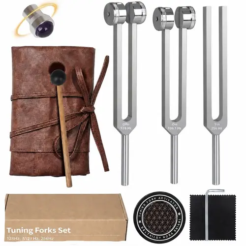 Resonance Tuning Forks for Healing Set - Weighted & Unweighted Tuning Fork Set Including 128Hz, 256Hz, 512HZ & Hockey Puck Activator - Chakra Sound Therapy Instruments Aluminium Aluminum