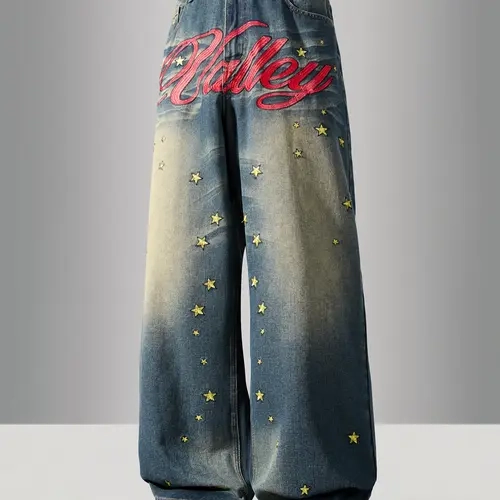 Men's American Vintage Washed Embroidered Denim Jeans, Loose Straight Leg Pants, Trendy Streetwear Embroidery Craft, Casual Versatile Gift Recommendation, Vintage Inspired Jeans