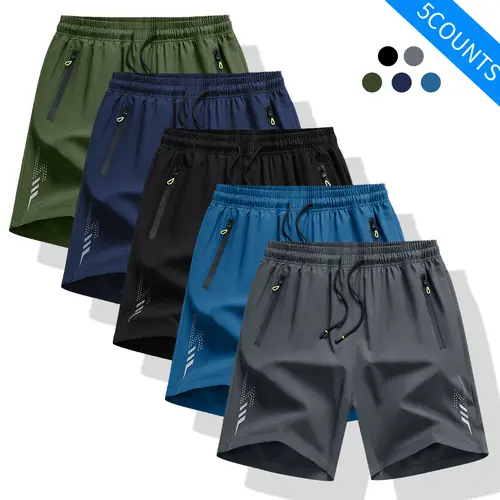 Men's 5-Pack Solid Casual Activewear Shorts - Lightweight, Loose-Fit, Baggy Sportswear with Drawstring Waist, Pockets, Airy Fabric for Hot Weather Above-the-Knee Outdoor Summer Activities