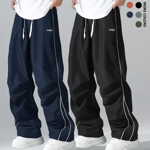 Men's 2-Piece Athleisure Style Drawstring Track Pants - Straight Leg Loose-Fitting Sports Bottoms, Comfortable Breathable Lightweight, White Side Striped, Ideal for Gym, Daily Leisure, Mensfashion, Drawstring Track Men's Pants