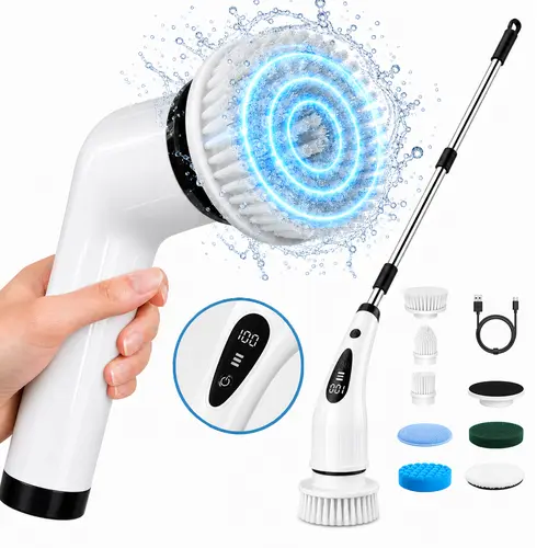 Cordless Electric Spin Scrubber Kit with 8 Brush Heads, IPX7 Waterproof, Rechargeable, 3 Adjustable Speeds, Extendable Handle, Long Battery Life, LCD Display, Cordless Freedom, for Bath, Kitchen, Car Ready, DealsForYouDays