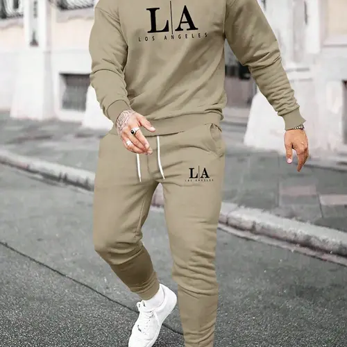 Men's Fall Winter Fashion Set, Fitted Round Neck Long Sleeves Sweatshirt & Long Pants, Casual Letter Print, Perfect for Dating, Outdoor, Clothes