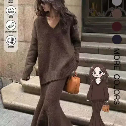Women's V-Neck Baggy Pullover Sweater Dress Set, Casual Everyday Fashion Chic Two-Piece Knitwear, Autumn Winter New Arrival, Comfortable and Elegant Style, Outfit