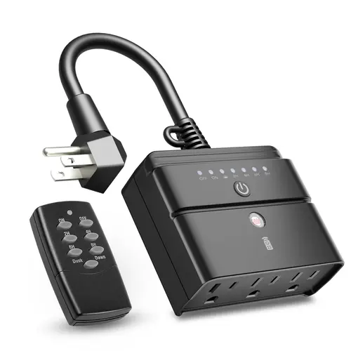 BN-LINK Outdoor Timer Power Outlet with Remote Control, Dusk-to-Dawn Sensor, 2/4/6/8-Hour Countdown, 100 ft RF Range, 6-in Grounded Cord, 15A 1/2HP, ETL Listed