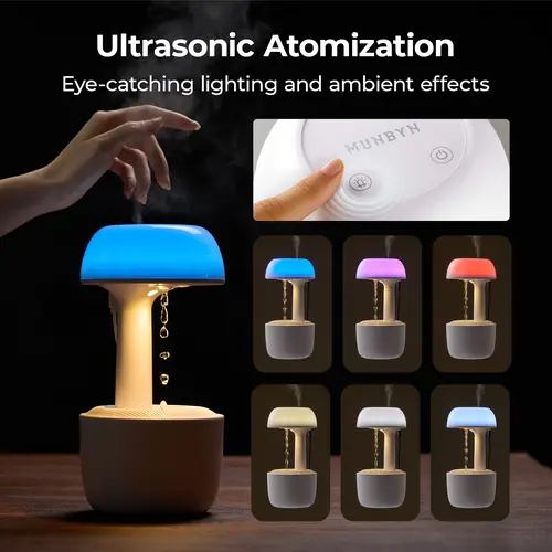 MUNBYN Mushroom Anti-Gravity Cute Desktop Humidifier, Compact Portable Water Drop Model with Multi-Color Night Lights, 8-Hour Battery Life, 38db Quiet Diffuser, Auto-Off Feature Humidifier for Bedroom & Home