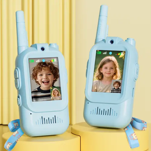 Kids' Rechargeable Camera Built-In Video Walkie Talkies 2-Pack (Blue/Blue) - Handheld 2-Way Radios, Indoor Outdoor Play Toys for Camping, Family Games, Ideal for 3-12 Year Olds Boys Girls