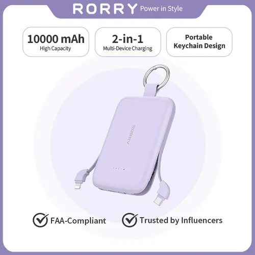 RORRY 10000mAh 30W Fast Charge Power Bank with 2 Built-in Cables, Mini Keychain Portable Charger for iPhone, Android, Smartphone, Mobile & USB Electronic Devices (Back to School),back to school,back to school haul