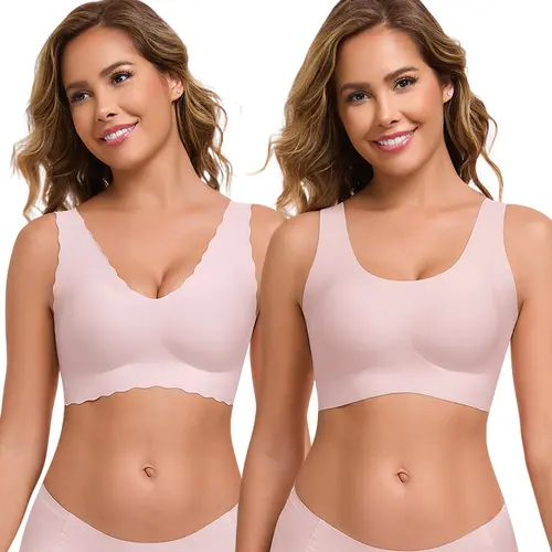 【2Pcs】Basic Seamless Bralette Deep V-Neck Wave Trimmed Bralette for Women Full Coverage Wire-Free Lightweight Stretchy Minimalist Nude Womenswear Breathable Fabric Smooth Strap Wireless Nude/Nude Soft Soft