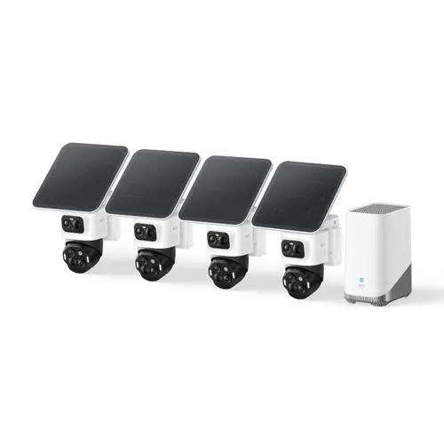 eufy Security eufyCam S4（4-Cam Kit with Homebase S380）, Solar Security Camera Wireless Outdoor, Triple Lens Bullet-PTZ Cam, 4K UHD, 360° Pan and Tilt, Auto Track, 8× Hybrid Zoom, Color Night Vision, HomeBase S380 Compatible