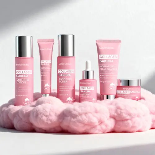 Collagen Sakura Skin Care Set - Cleanser, Lightweight Moisturizer, Gentle Sakura Extract & Bifida Ferment Filtrate, Lift & Hydrate, Firming Daily Self Care Kit for All Skin Types, Free Storage Pouch, Valentine’s Day Gift