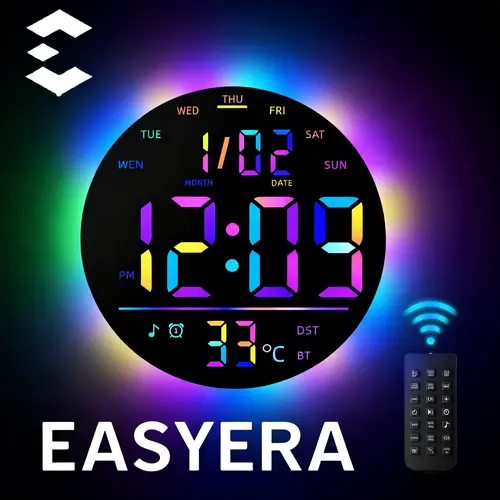 EASYERA 10" Large Round Digital Wall Clock with Remote Control, Music Sync, Circle clock with RGB Atmosphere Lights with 11 Scenes Mode, Dual Alarms with Big LED Display, Timer Clock for ADHD, Focus Tool, Classroom, Game Decor Home, Auto Dst Adjustment ti