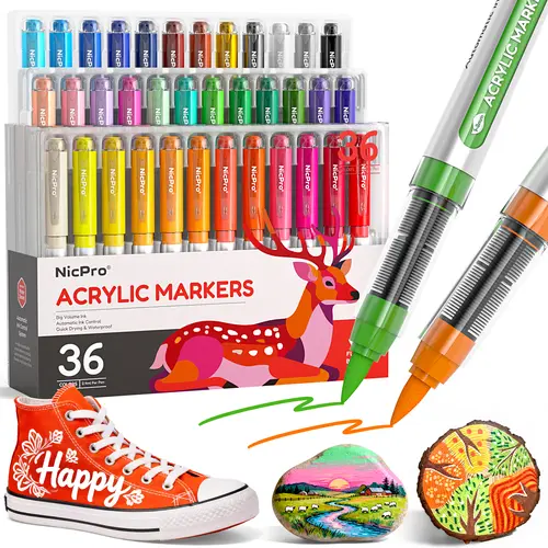 Nicpro Acrylic Paint Markers, Water-Based Brush Tip Acrylic Paint Pens with Automatic Ink Control for Easter DIY Crafts, Art Paint Markers for Rock Painting, Glass, Ceramic, Christmas Decorations,back to school,back to school shopping