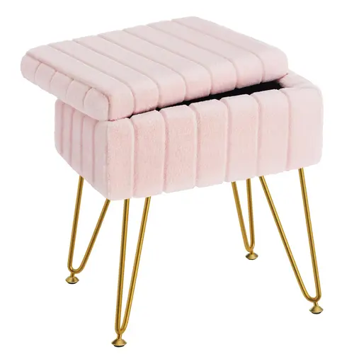 Stylish Faux Fur Upholstered Armless Makeup Vanity Chair - Sturdy Reliable Metal Legs, Foldable Flip-Up Storage, Glam Functional Soft Furnishing for Dressing Room, Living Room Home Decor Gift, Versatile, Soft Faux Fur Seat