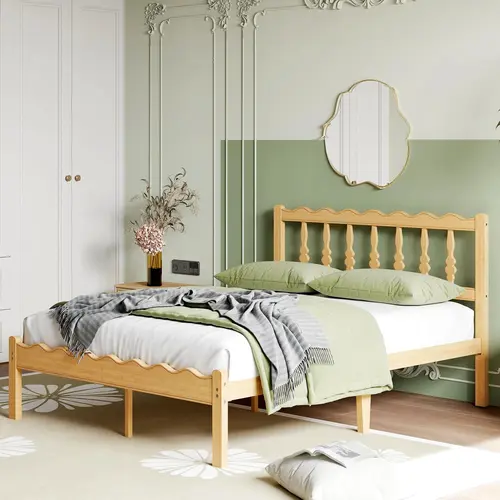 Aardhen Wavy Bed Frame Modern Queen Curved Headboard Bed Frame - 14-Inch Metal Slats, Silent Support, No Box Spring Needed, Easy Toolless Assembly, Ample Underbed Storage, Sturdy Furniture for Kids' Bedrooms (Wooden & Metal Bed Frames)
