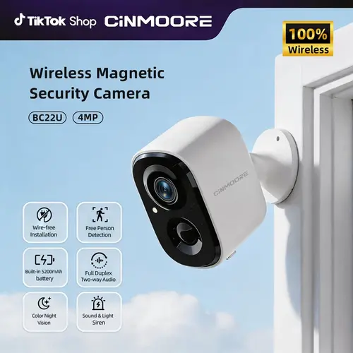CINMOORE Wireless Smart Security Camera Indoor/Outdoor/Garage Camera, 2.5K QHD, Rechargeable Magnetic Installation, Color Night Vision, Free Local AI Motion/Person Detection Spotlight & Siren, 2-Way Audio Speaker, IP65 Weatherproof, App Remote Monitoring