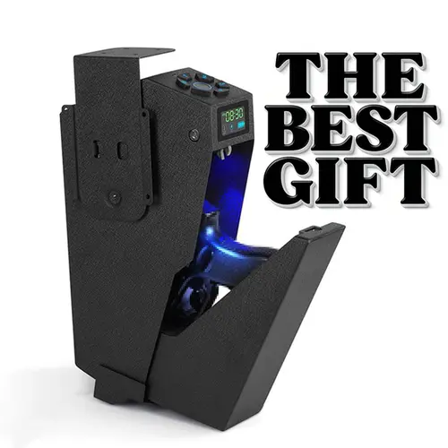 Biometric Mounted Gun Safe for Nightstand,Desk,Bed Side,Wall,Truck desktop storage and accessories-Auto Open Hidden Handgun Safe-with Fingerprint,4-button BacklitKeypad,KEY