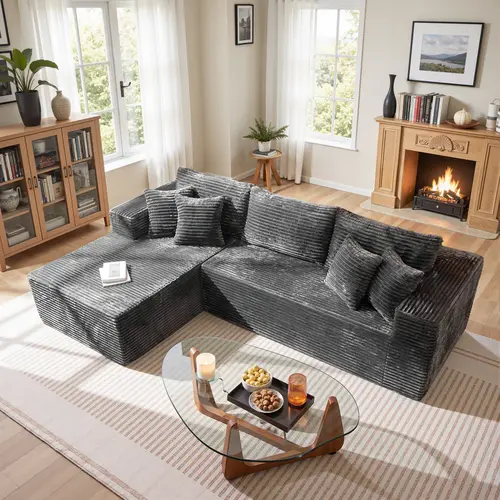 105" Boneless Couches for Living Room, Modular Sectional Sofa with Oversized Chaise, L-Shape Cloud Couch with Deep Seat, High-Density Memory Foam, No Assembly Required, Plush Corduroy Grey