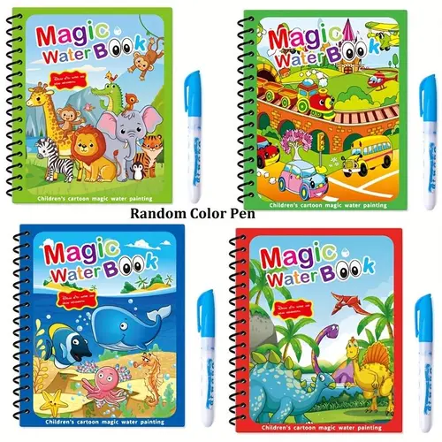 4 Pack Reusable Magic Water Painting Book - Magic Water Drawing Book, Water Doodle Book Toys, Educational Learning Toy, Includes Colorful Pens (Random Color)