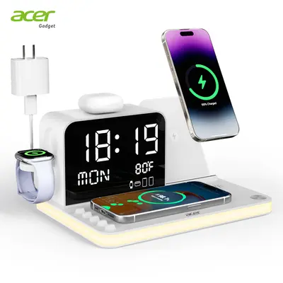 Acer 7 in 1 Wireless Charging Station Charger with Clock, LED Night Light & Temperature Display, USB-A & USB-C, Magnetic MagSafe – for iPhone, Android Phone, Apple Watch & AirPods, Gift summerwins