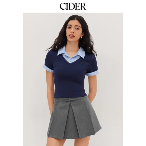 Cider Cotton Collar Stripe Two Tone Short Sleeve Top