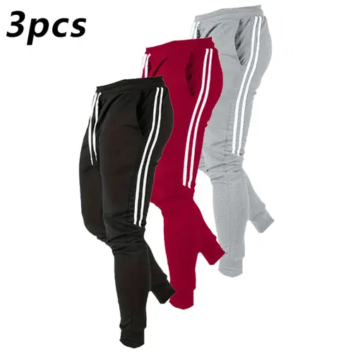Men's 3pcs Autumn Winter Wide-Leg Striped Sports Pants with Adjustable Drawstring Waistband & Pocket Design Warm Comfortable Polyester Fabric for Running Hiking Fitness Cycling Menswear