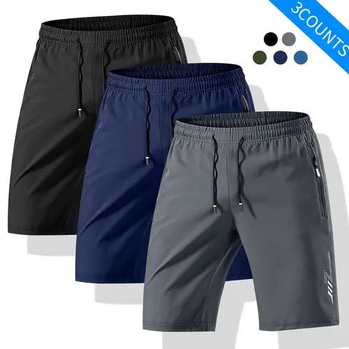 Men's 3-Pack Basic Fitted Woven Casual Plain Shorts - Elastic Drawstring Waist, Stylish Lightweight Fabric, Straight Pants for Summer Outdoors & Beach, Black/Dark Gray/Navy Blue, Menswear Streetwear Bottoms