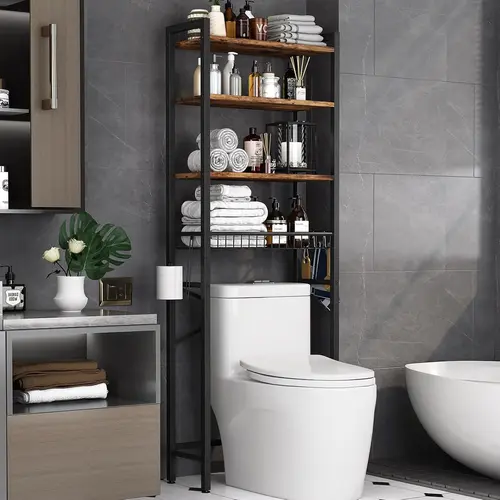 4-Tier Over-The-Toilet Space Saver Organizer Rack, Bathroom Organizing Accessories with Adjustable Shelf, Basket, 3 Towel & Toiletry Hooks for Organizer Storage