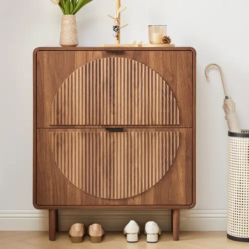 FurSch Modern Wooden Shoe Cabinet for Entryway, Slim 2-Tier Flip Drawers with Hidden Storage, Freestanding Narrow Shoe Organizer, Elegant Half-Moon Fluted Design, Perfect for Hallway or Small Apartments
