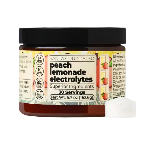 Santa Cruz Paleo Peach Lemonade Electrolyte Powder - 30 Servings - Flavored, Sugar Free Hydration Drink Mix with Himalayan Pink Salt, Sea Salt, Magnesium Glycinate, Potassium Chloride, Sweetened with Stevia