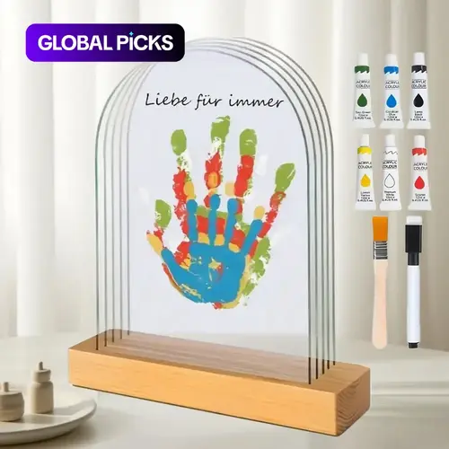 Elongated 5-Slot Transparent Handprint Frame with Accessories, Christmas Colorful Paint Handprints, Family Memorial Photo Frame, Gift