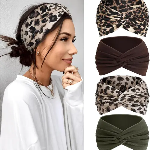 Women's Hairband Set of 4, Wide and Narrow Elastic Boho Dye Bow Headbands, Vintage Style for Sports, Yoga, Makeup, Spa, Fashion Accessory, Hair Bows Headbands, Stretchy Headbands, Workout Headband